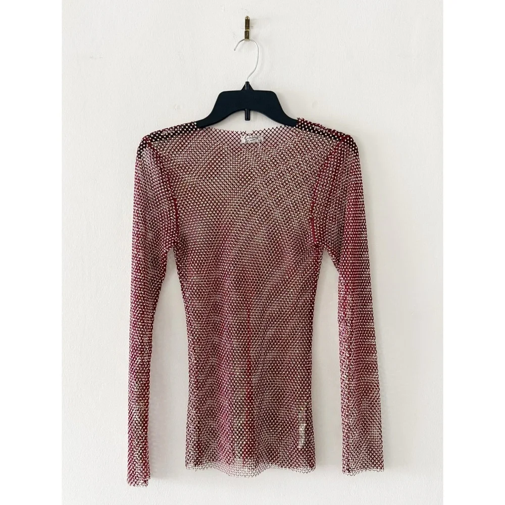 Free People Filter Finish Rhinestone Fishnet Ruby Red Long Sleeve Top Size XS